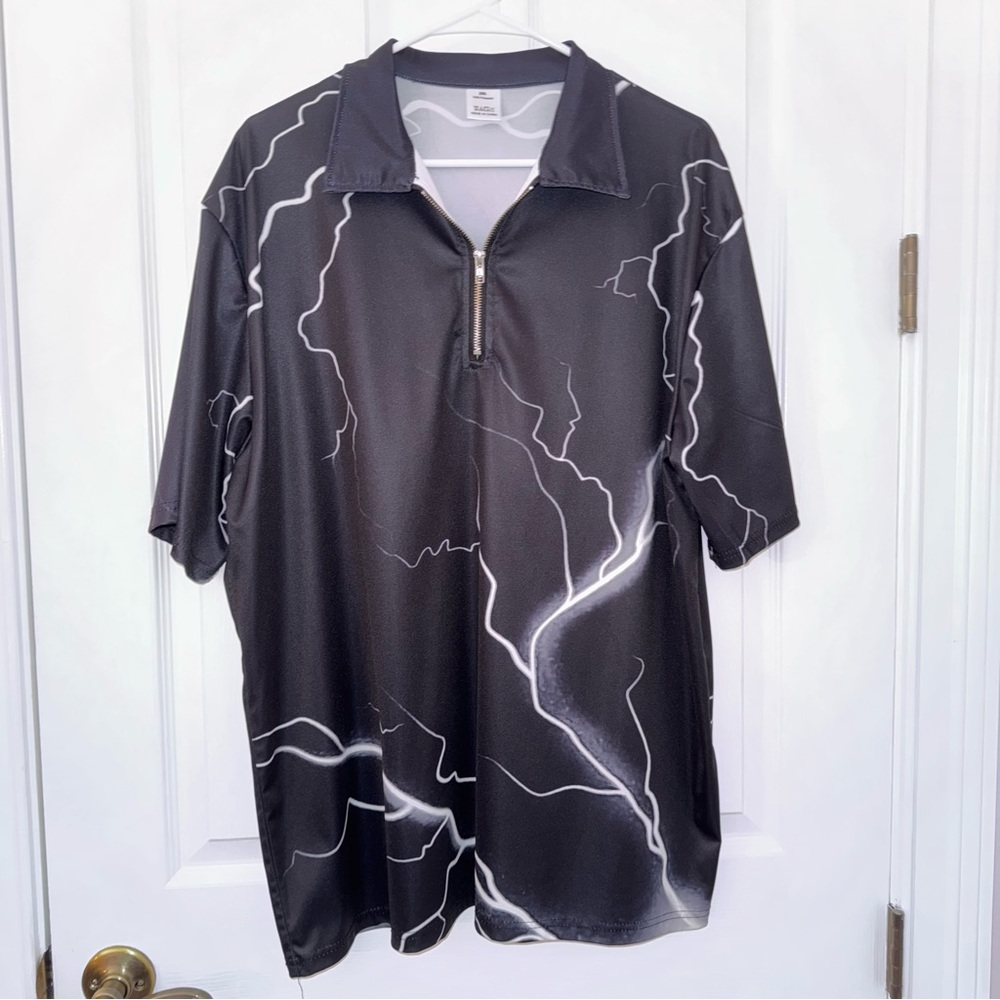 Black Lightning Pattern Collared Quarter Zip Short Sleeve Pullover Shirt 2XL
